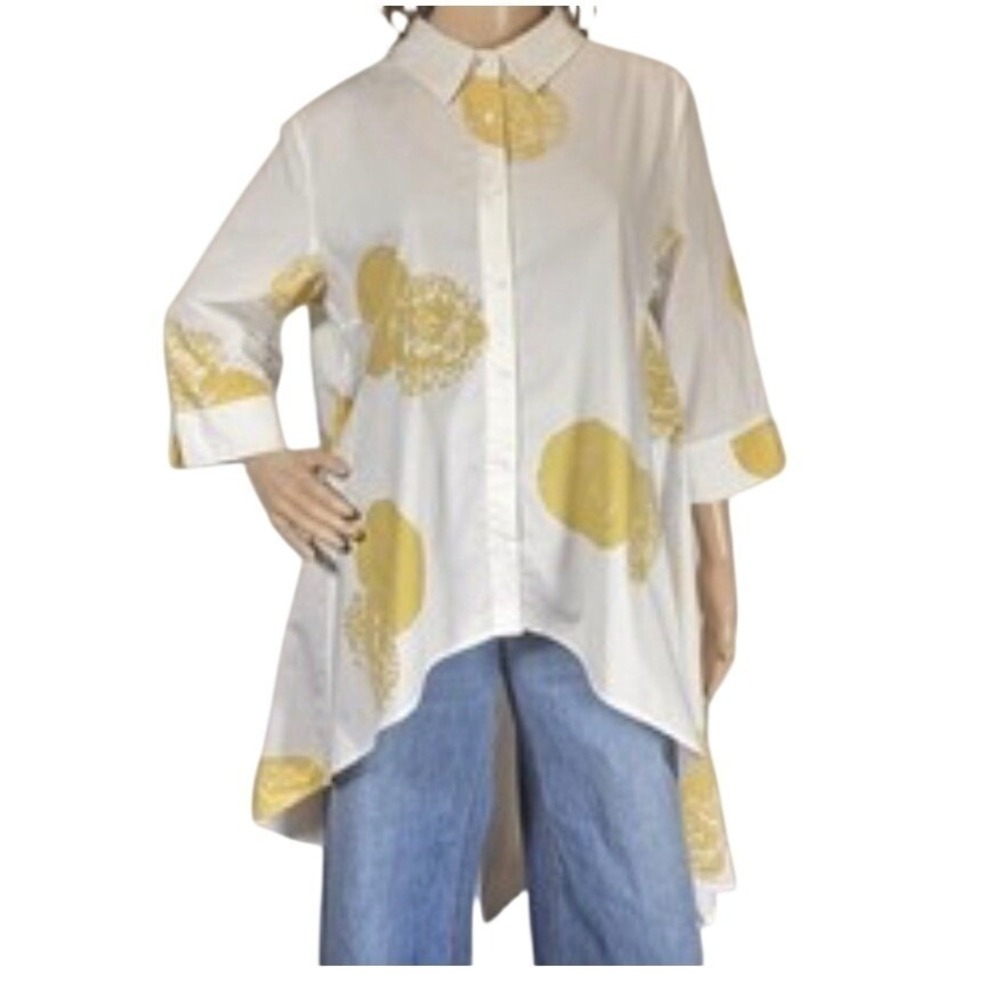 P. Luca Milano‎ Womens XL White Yellow Abstract Polka Dot High Low Cotton Tunic